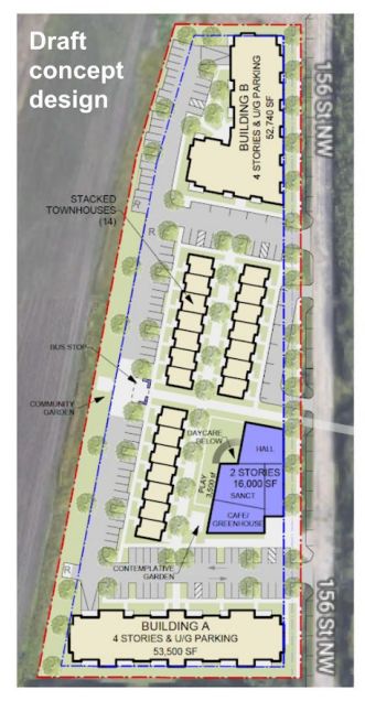 A draft concept design of a proposed low-income housing development in the Terwillegar area.