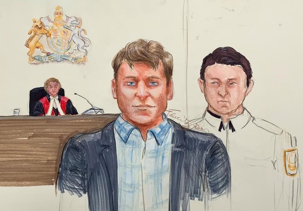 Andrew Berry, centre, appears in B.C. Supreme Court in Vancouver on Tuesday, April 16, 2019. A Crown lawyer says a Vancouver Island father stabbed his young daughters dozens of times before attempting to kill himself on Christmas Day in 2017. Berry has pleaded not guilty to two counts of second-degree murder.