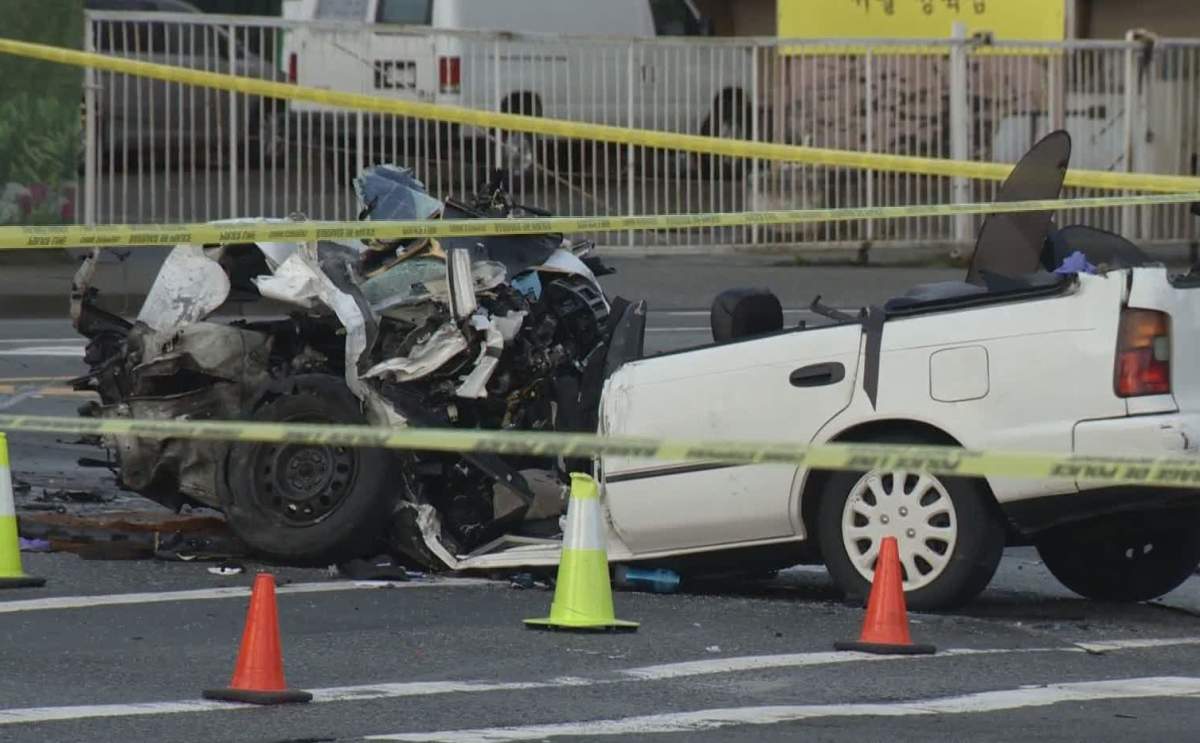 The scene of a serious car crash in Surrey that sent a driver to hospital with serious, "potentially life-altering" injuries early Friday morning.