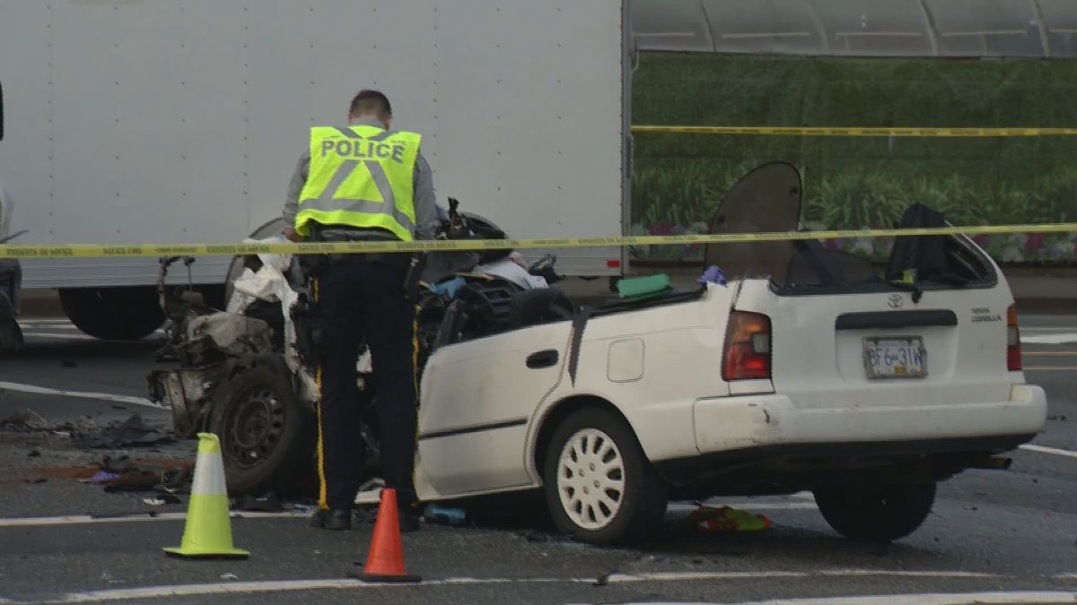 The scene of a serious car crash in Surrey that sent a driver to hospital with serious, "potentially life-altering" injuries in April, 2019.