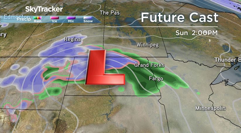 RPM Model showing rain and snow around southern Manitoba Sunday afternoon.