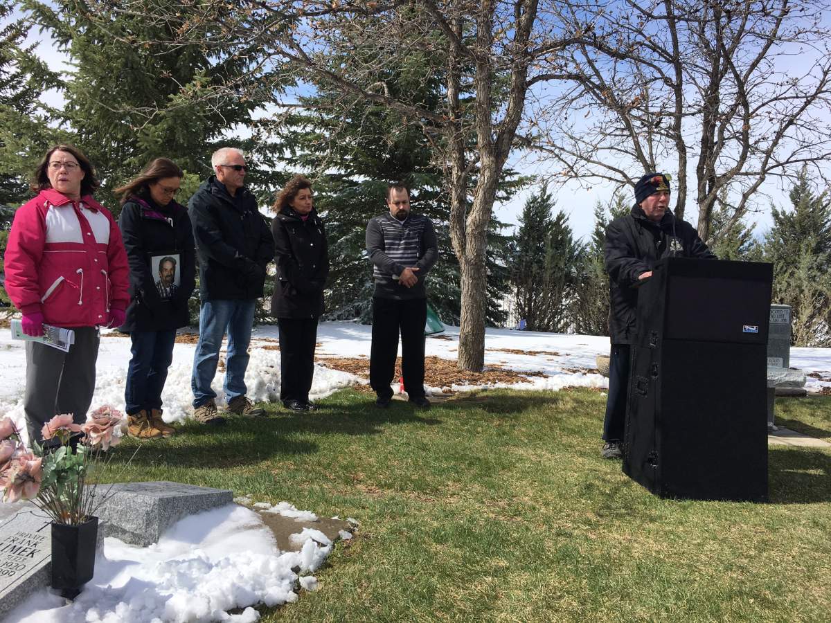 Family members and supporters gathering at Mountain View Cemetery in Lethbridge for International Day of Mourning. 