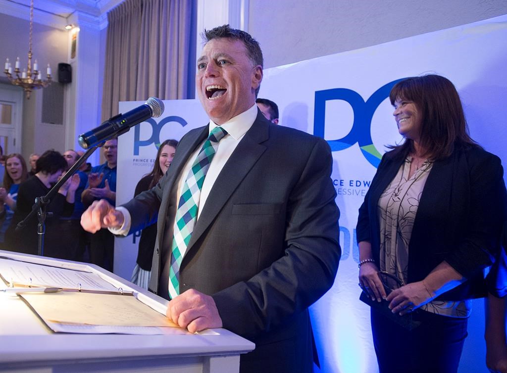 Progressive Conservative leader Dennis King, accompanied by his wife Jana Hemphill, right, addresses supporters after winning the Prince Edward Island provincial election in Charlottetown on Tuesday, April 23, 2019.