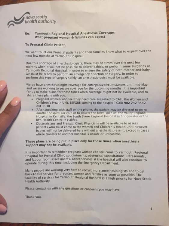 A letter distributed to prenatal patients in the Yarmouth area.