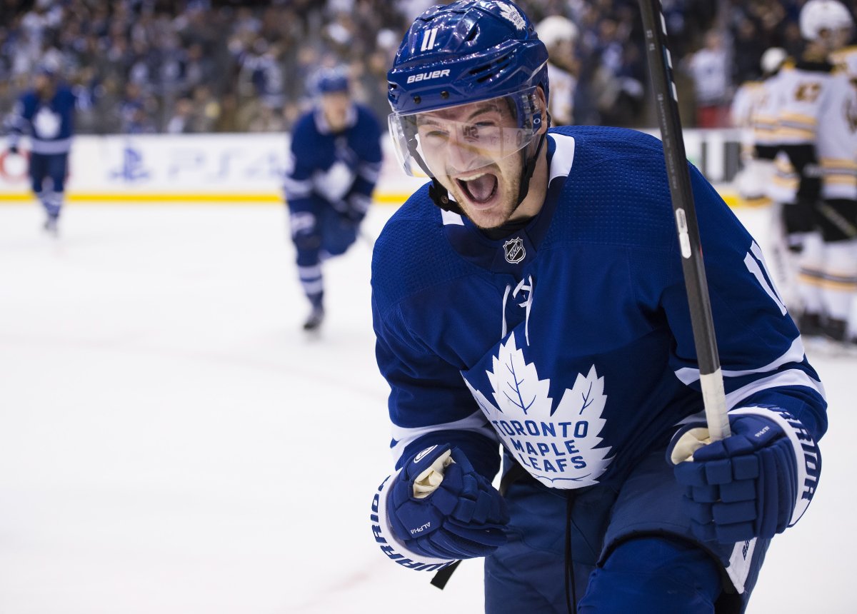 Toronto Maple Leafs left wing Zach Hyman (11) reacts after scoring against the Boston Bruins during first period NHL playoff hockey action in Toronto, on Wednesday, April 17, 2019.