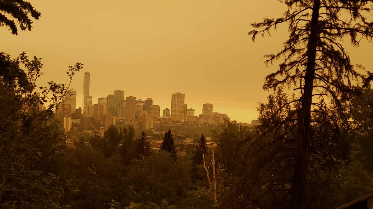 A view of Edmonton's skyline covered in smoke from Alberta wildfires on May 30, 2019.