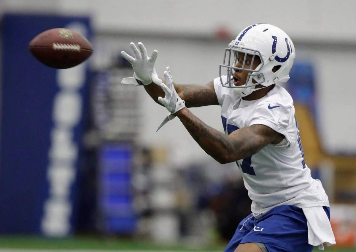 Indianapolis Colts’ Tevaun Smith makes a catch during the NFL football team’s minicamp Tuesday, June 13, 2017, in Indianapolis.