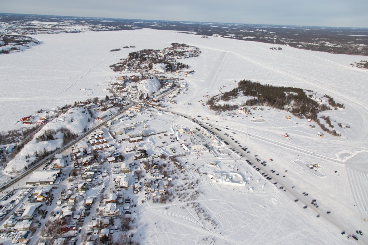 Aerial view of Yellowknife in the winter, with the Long John Jamboree and Snowking Winter Festival taking place on Great Slave Lake, Saturday, March 25, 2017. 