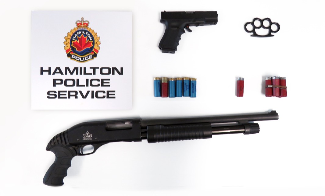 Police seized a pump action rifle, hand gun, ammunition, and brass knuckles from a 17-year-old in Hamilton.