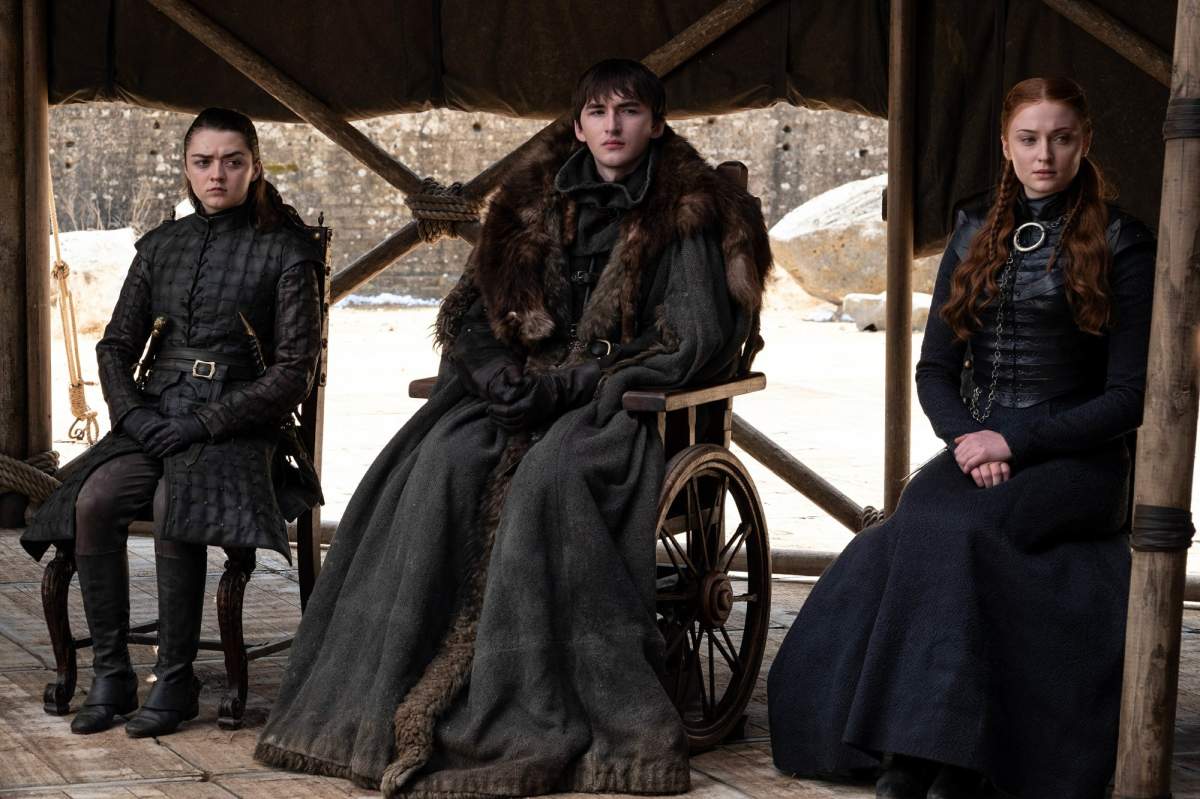 This image released by HBO shows from left to right Maisie Williams, Isaac Hempstead Wright and Sophie Turner in a scene from the final episode of Game of Thrones, which aired Sunday, May 19, 2019. (HBO via AP)