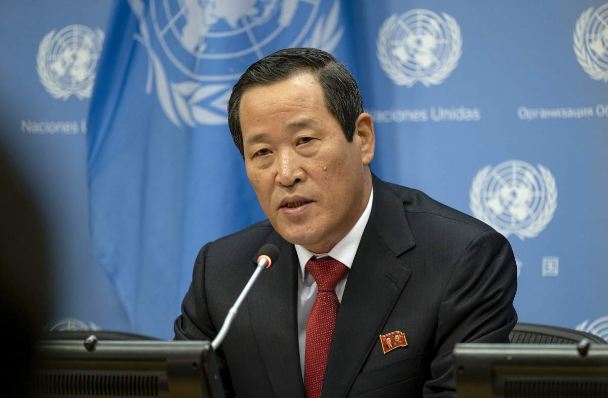 North Korea's U.N. Ambassador Kim Song addresses attendees during a news conference at U.N. headquarters Tuesday, May 21, 2019.