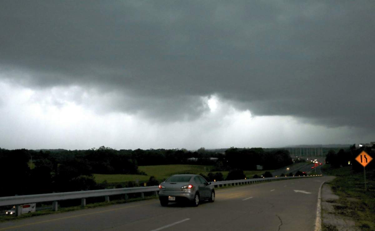 A storm front seen from Chesterfield Parkway westbound onramp to Highway 40 (Interstate 64) is seen looking west in to St. Charles County, in Missouri. The storm rolled into the region Tuesday evening. Funnel clouds were reported in St. Charles County, but there were no immediate reports of major damage.