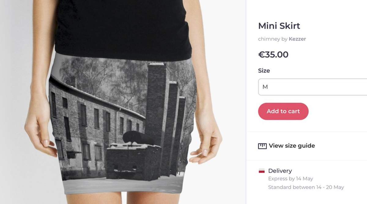 A screen grab from Wednesday, May 8, 2019, from the site of an online vendor showing an Auschwitz-themed product for sale. 