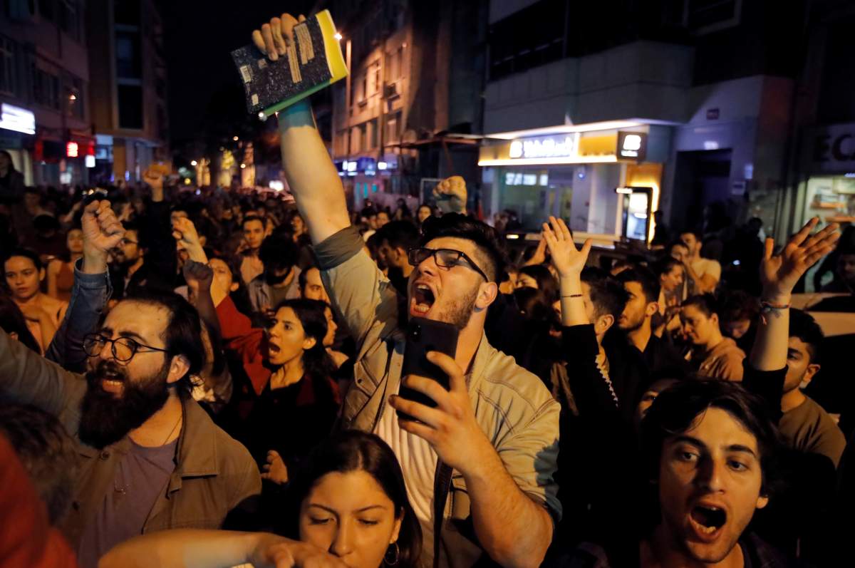 Demonstrators shout anti-government slogans during a protest against the High Election Board (YSK) decision to reschedule the mayoral election in Istanbul, Turkey, May 6, 2019.