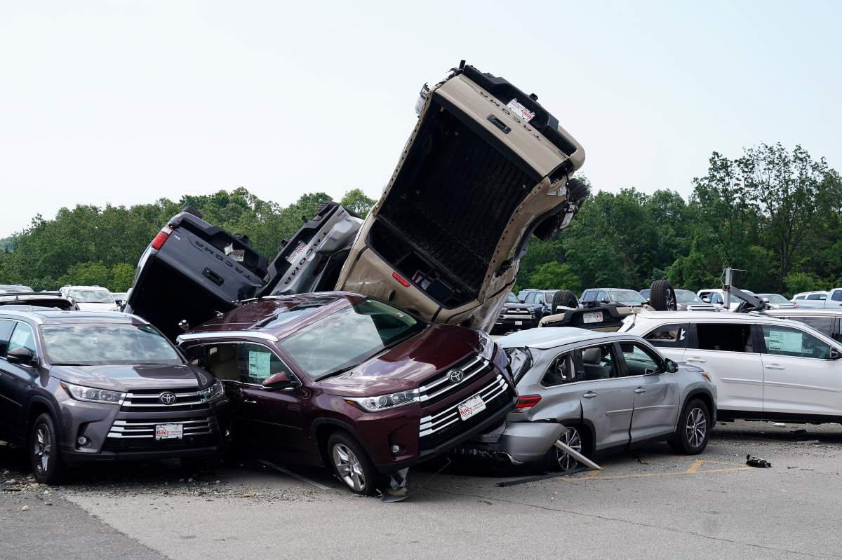 Wrecked vehicles are pictured at a Toyota dealer following a tornado in Jefferson City, Mo., May 24, 2019.