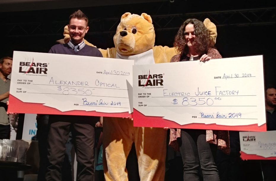Dylan Trepanier, left, of ALexander Optical, and Will Harvey with Electric Juice Factory made winning pitches at the 2019 Bears Lair Entrepreneurial Competition on Tuesday.