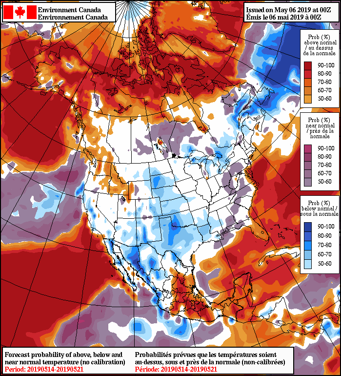 Forecast probability of above, below, and near normal temperatures from May 14-21, 2019.