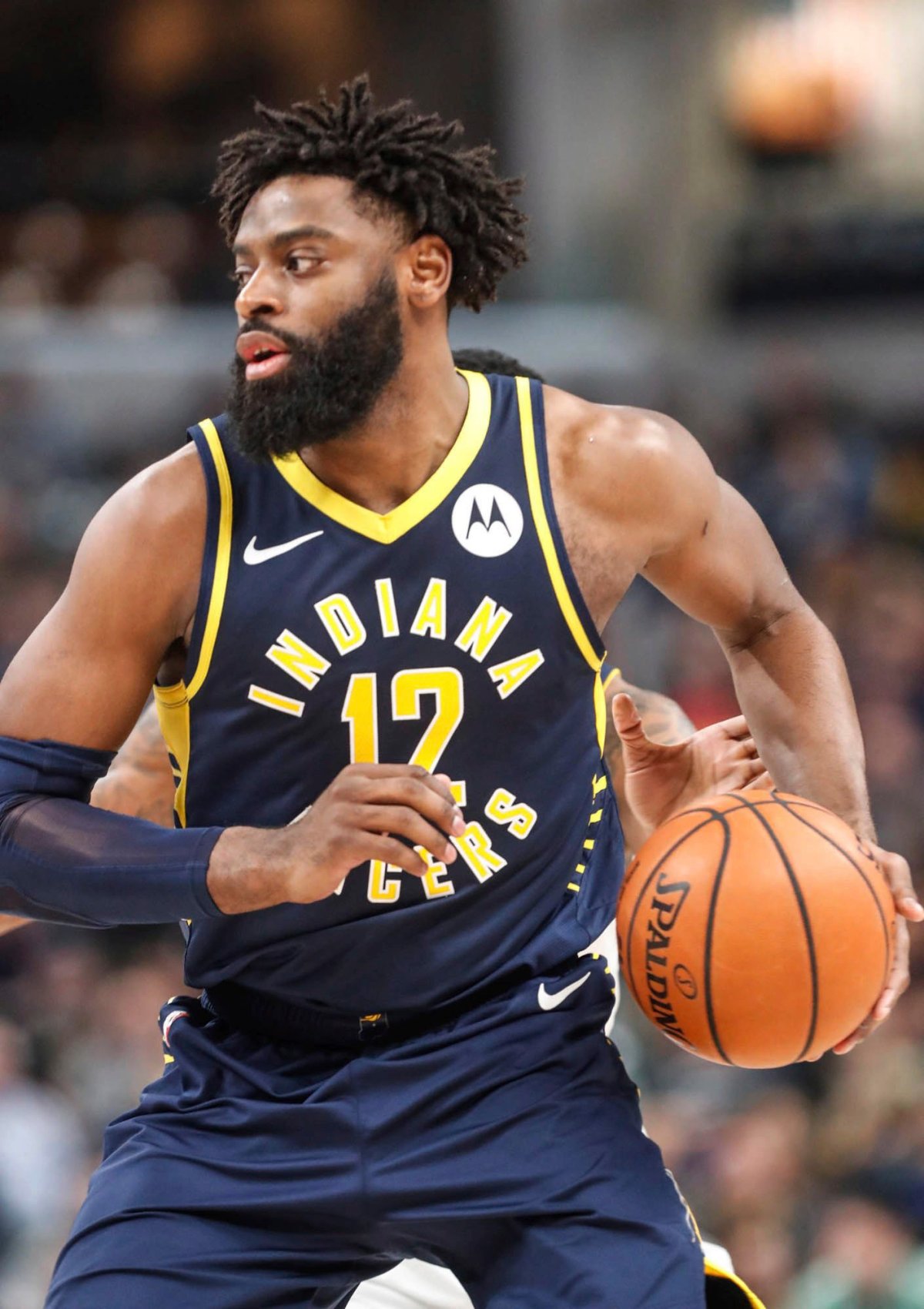 Indiana Pacers guard Tyreke Evans (12) drives into the lane during the team's NBA basketball game against the Denver Nuggets on Sunday, March 24, 2019, in Indianapolis.