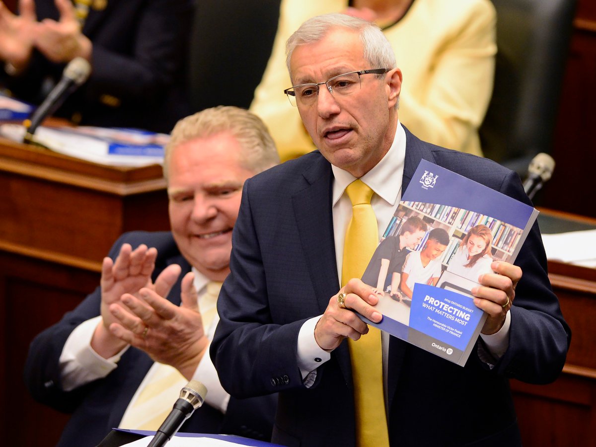 Ontario Finance Minister Vic Fedeli presents the 2019 budget as Premier Doug Ford looks on at the legislature in Toronto on Thursday, April 11, 2019.