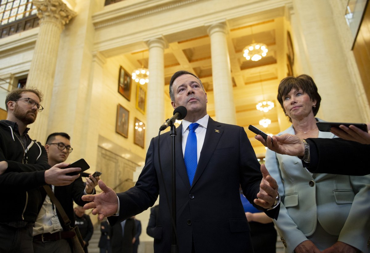 Alberta Premier Jason Kenney speaks to reporters after appearing at the Standing Senate Committee on Energy, the Environment and Natural Resources about Bill C-69 at the Senate of Canada Building on Parliament Hill in Ottawa on Thursday, May 2, 2019. 