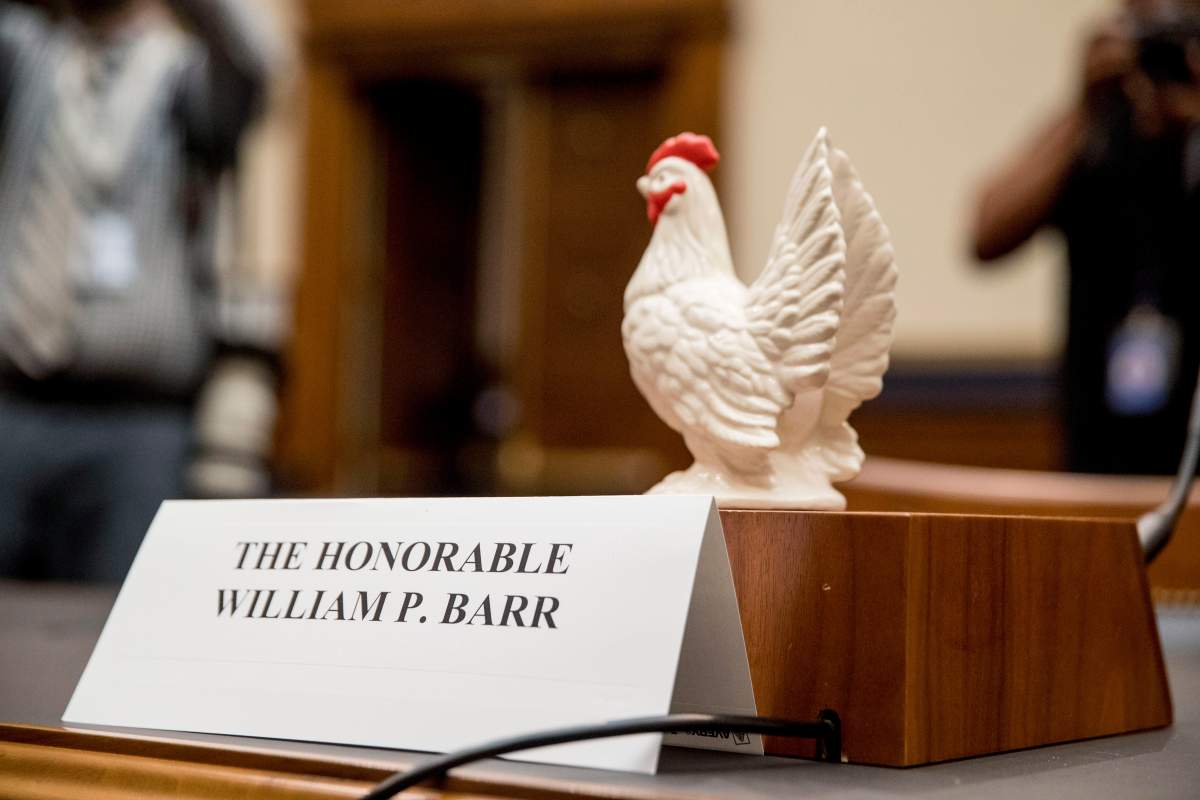 Rep. Steve Cohen, D-Tenn., placed a prop chicken on the witness desk for Attorney General William Barr after he does not appear before a House Judiciary Committee hearing on Capitol Hill in Washington, Thursday, May 2, 2019. (AP Photo/Andrew Harnik)