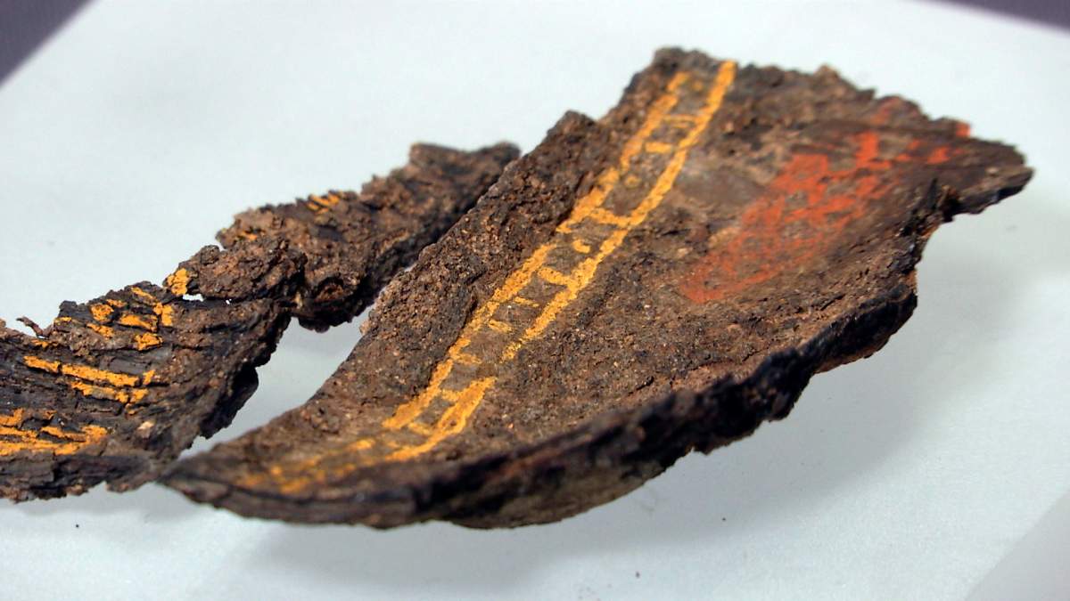 A painted wooden box fragment, claimed to be the only surviving example of early Anglo-Saxon painted woodwork, on display at Southend Central Museum in Southend, England, Thursday, May 8, 2019.