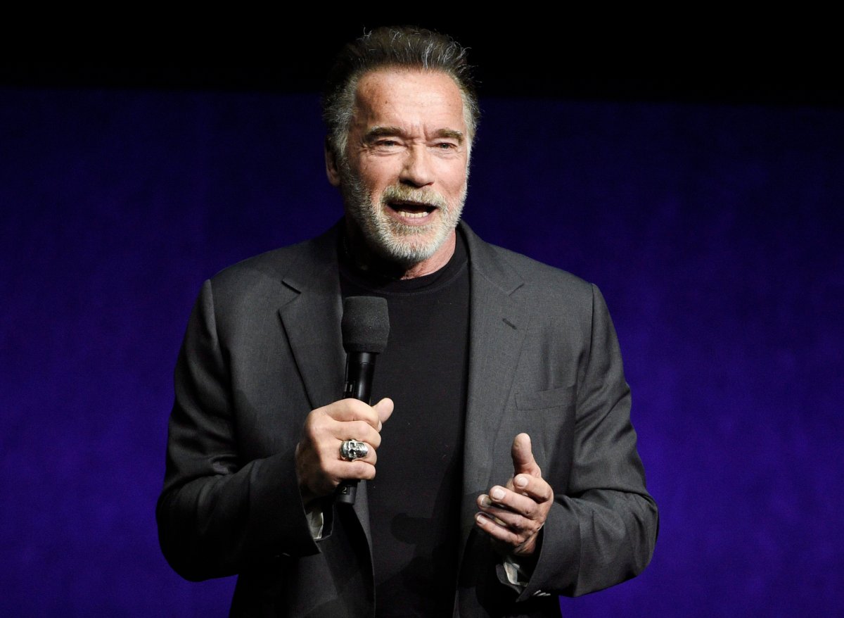 FILE - In this Thursday, April 4, 2019 file photo, Arnold Schwarzenegger, a cast member in the upcoming film "Terminator: Dark Fate," discusses the film during the Paramount Pictures presentation at CinemaCon 2019, the official convention of the National Association of Theatre Owners (NATO) at Caesars Palace, in Las Vegas.