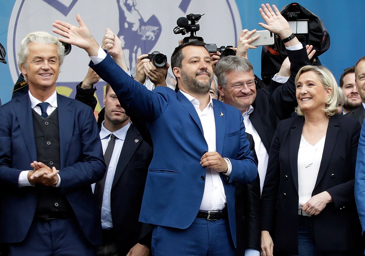 From left, Geert Wilders, leader of Dutch Party for Freedom, Matteo Salvini, Jörg Meuthen, leader of Alternative For Germany party, and Marine Le Pen, attend a rally organized by League leader Matteo Salvini, with leaders of other European nationalist parties, ahead of the May 23-26 European Parliamentary elections, in Milan, Italy, Saturday, May 18, 2019.