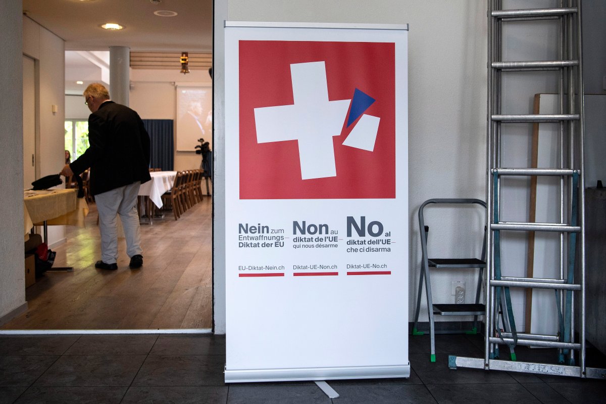 Meeting rooms and a poster of the committee against the EU gun laws and policies, prior to the committee's meeting in Burgdorf, Switzerland, Sunday, May 19, 2019.