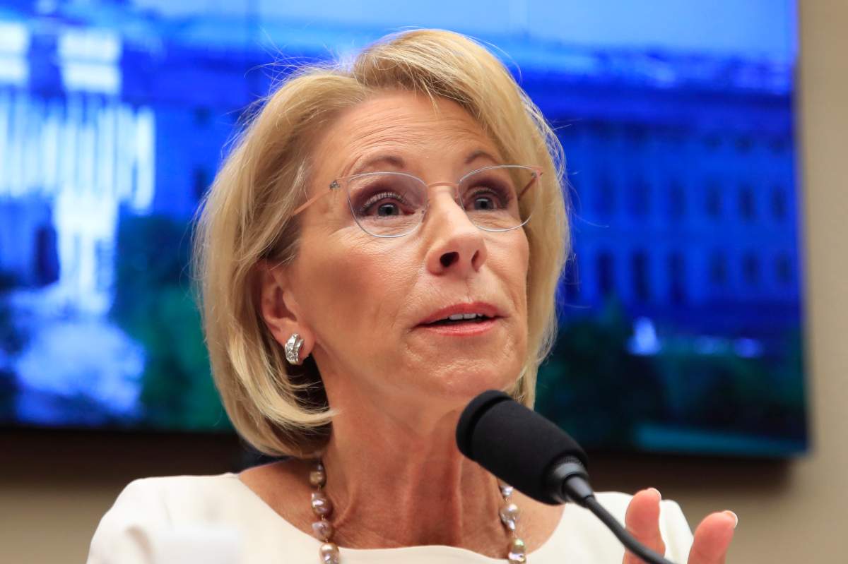 FILE - In this April 10, 2019, file photo, Education Secretary Betsy DeVos testifies on Capitol Hill in Washington.