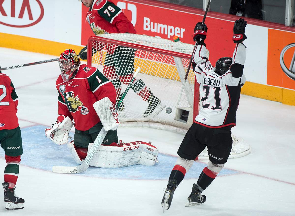 Rouyn-Noranda Huskies' Felix Bibeau scores on Halifax Mooseheads goaltender Alexis Gravel in second period Memorial Cup championship action in Halifax on Sunday, May 26, 2019. 