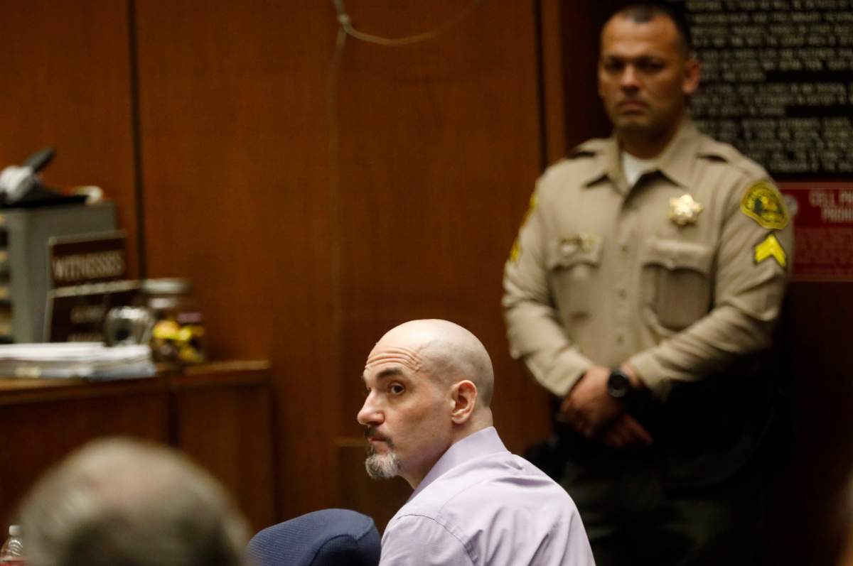 Michael Gargiulo listens to the testimony of Austin Kutcher during Gargiulo’s murder trial at Los Angeles Superior Court, Wednesday, May 29, 2019.