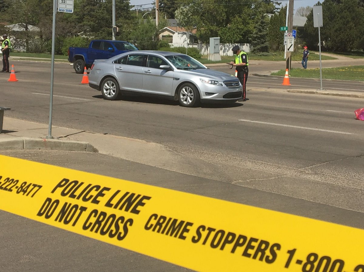 A man was taken to hospital with serious injuries after being hit by a car while crossing 51 Avenue at 105 Street in south Edmonton on Wednesday, May 22, 2019. 
