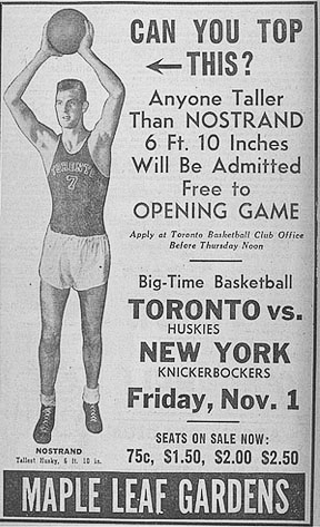 A poster advertising the Toronto Huskies’ Nov. 1, 1946 game against the New York Knickerbockers.