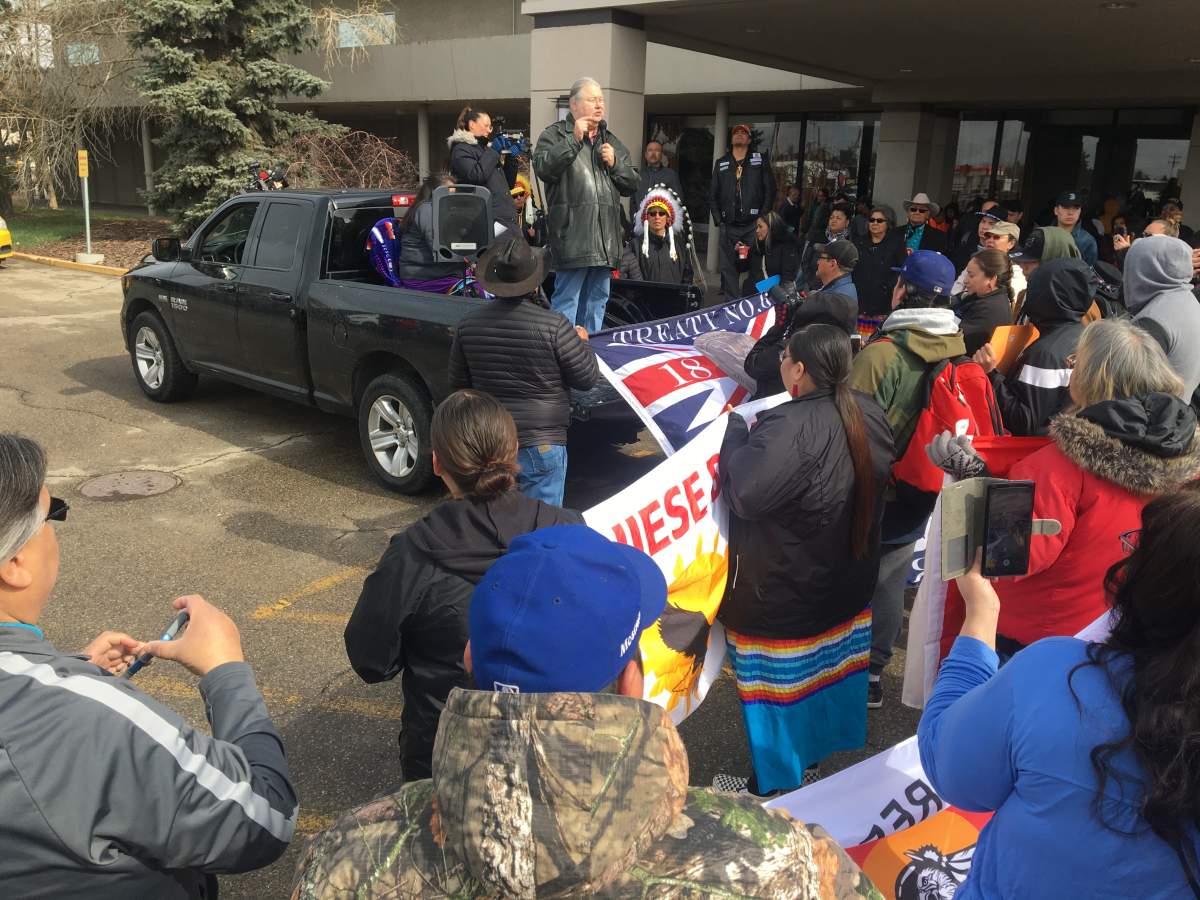 Protesters outside the Edmonton Inn & Conference Centre, where an Assembly of First Nations policy meeting was taking place. Wednesday, May 1, 2019.