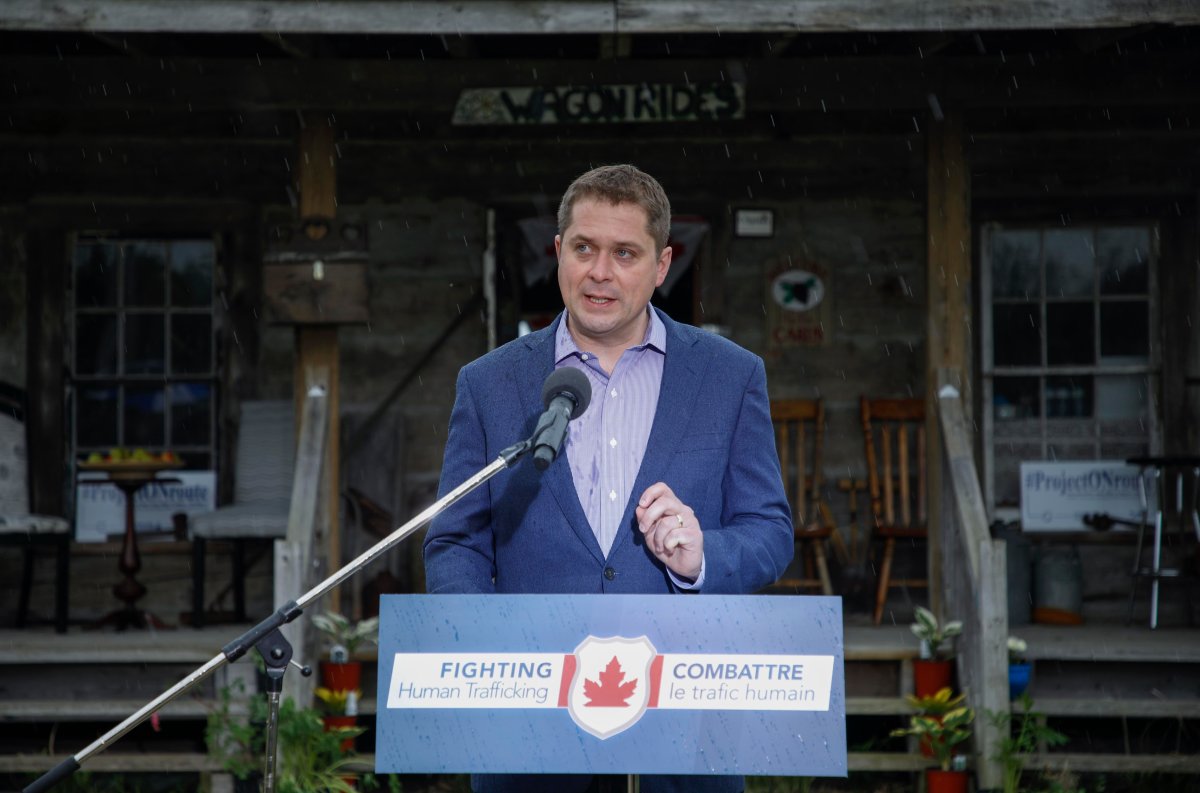 Federal Conservative Leader Andrew Scheer announces his party's plan to combat human trafficking during a stop in Aylmer, Ont.