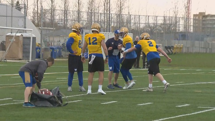 Players take part in day one of Blue Bombers' rookie camp on Wednesday.