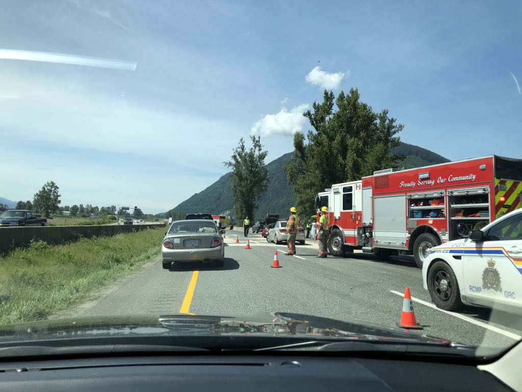 Crews at the scene of a multiple-vehicle crash on Highway 1 near Chilliwack on Sunday, May 19, 2019.