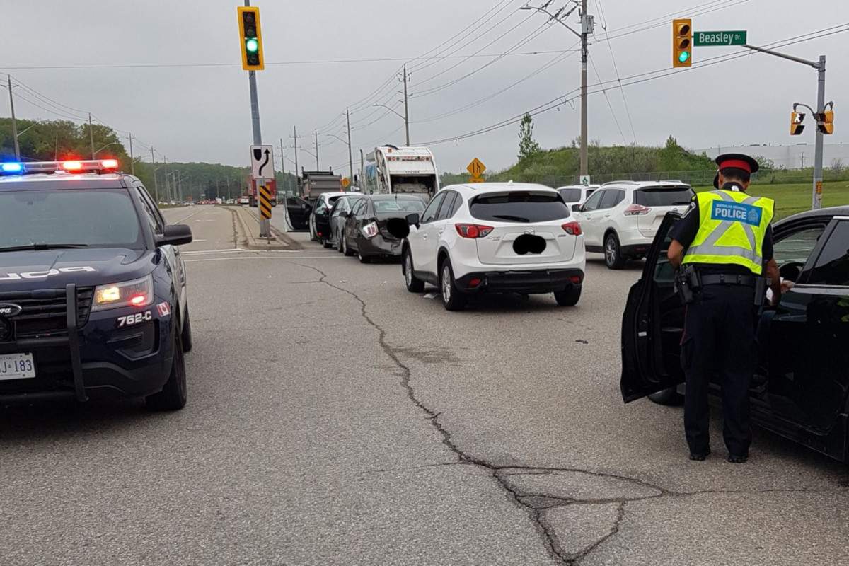 Five cars were involved in a collision at Homer Watson Boulevard and Beasley Drive.