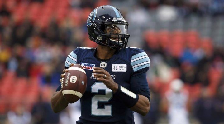Toronto Argonauts quarterback James Franklin looks to make a throw during first half CFL football action against the Montreal Alouettes in Toronto on Oct. 20, 2018.