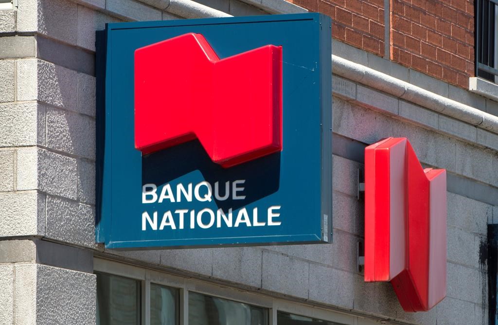A National Bank sign is seen May 30, 2016 in Montreal.