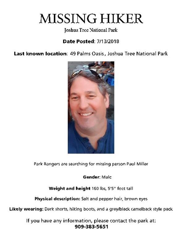 This undated image posted on the Joshua Tree National Park Twitter shows information about Paul Miller, 51, a Canadian man missing since heading out for a hike Friday morning, July 13, 2018, in the Southern California desert park.