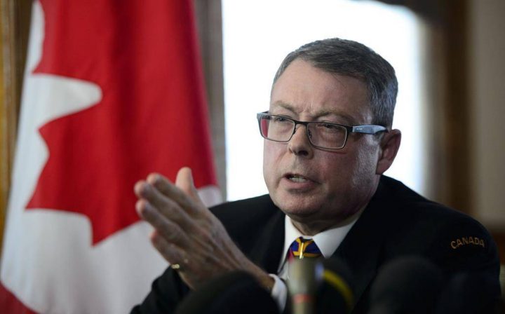 Vice Admiral Mark Norman reacts during a press conference in Ottawa on May 8, 2019.