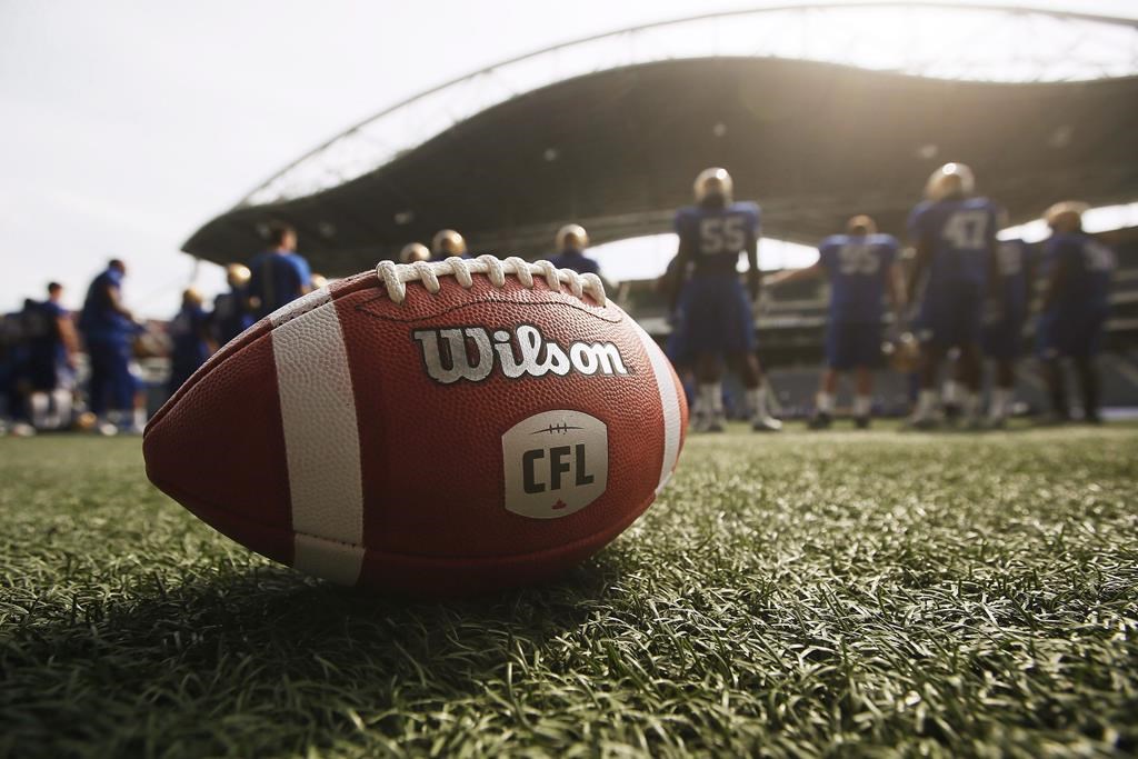 A CFL ball is photographed at the Winnipeg Blue Bomber stadium.