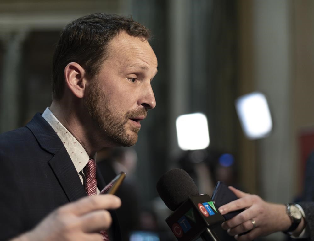 Opposition Leader Ryan Meili speaks to media during budget bay at the Legislative Building in Regina on Wednesday March 20, 2019. Saskatchewan's Opposition NDP leader is apologizing for the Sixties Scoop.THE CANADIAN PRESS/Michael Bell.