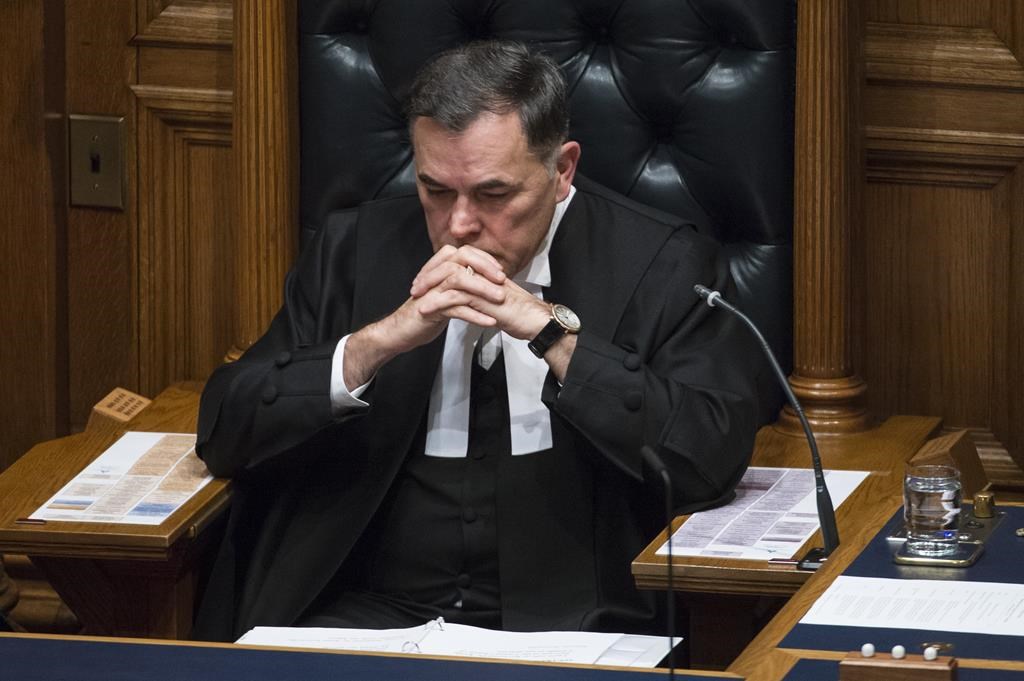 British Columbia House Speaker Darryl Plecas pauses for a moment prior to Lieutenant Governor Janet Austin delivering the Speech from the Throne in the B.C. Legislature in Victoria on February 12, 2019. THE CANADIAN PRESS/Jonathan Hayward.