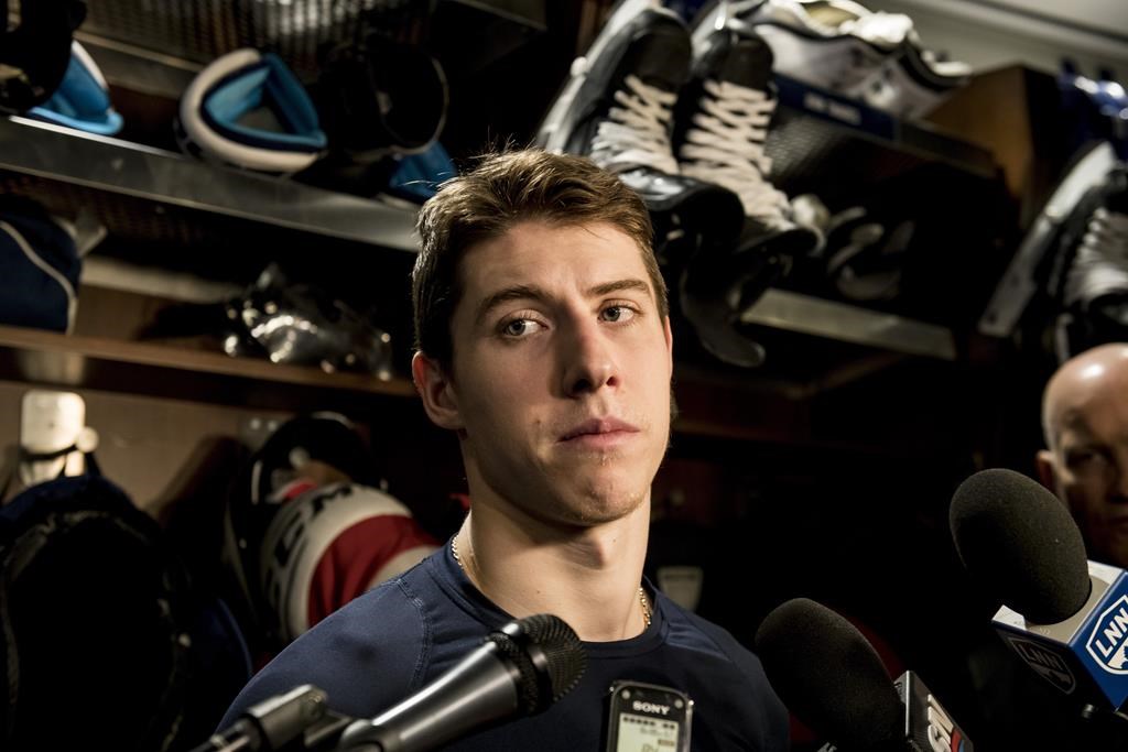 Toronto Maple Leafs Mitch Marner speaks to reporters after a locker clean out at the Scotiabank Arena in Toronto, on Thursday, April 25, 2019. 