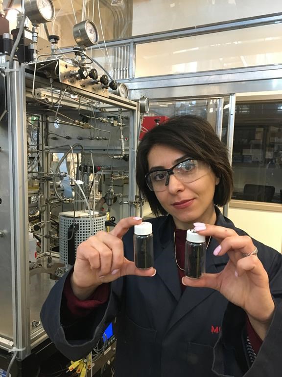 Mina Zarabian from the chemical engineering department at the University of Calgary shows the carbon nanofibres created through a new process that changes greenhouse gases into the fibres which can be used in cars, airplanes and construction materials.