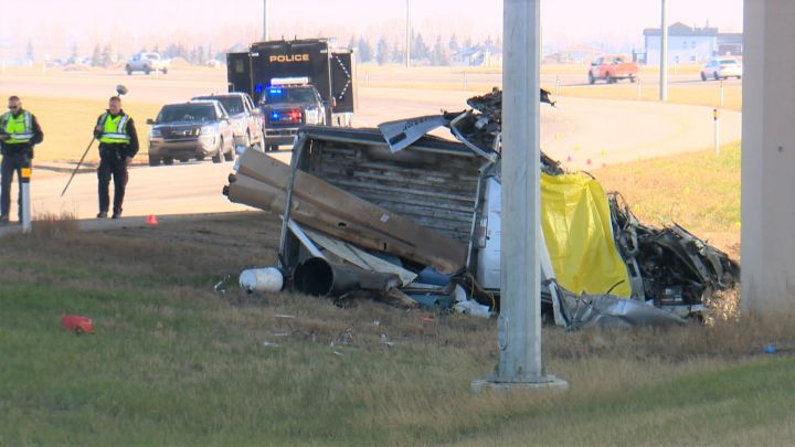 Calgary emergency crews respond to a fatal collision on Stoney Trail S.E. on Monday morning. 