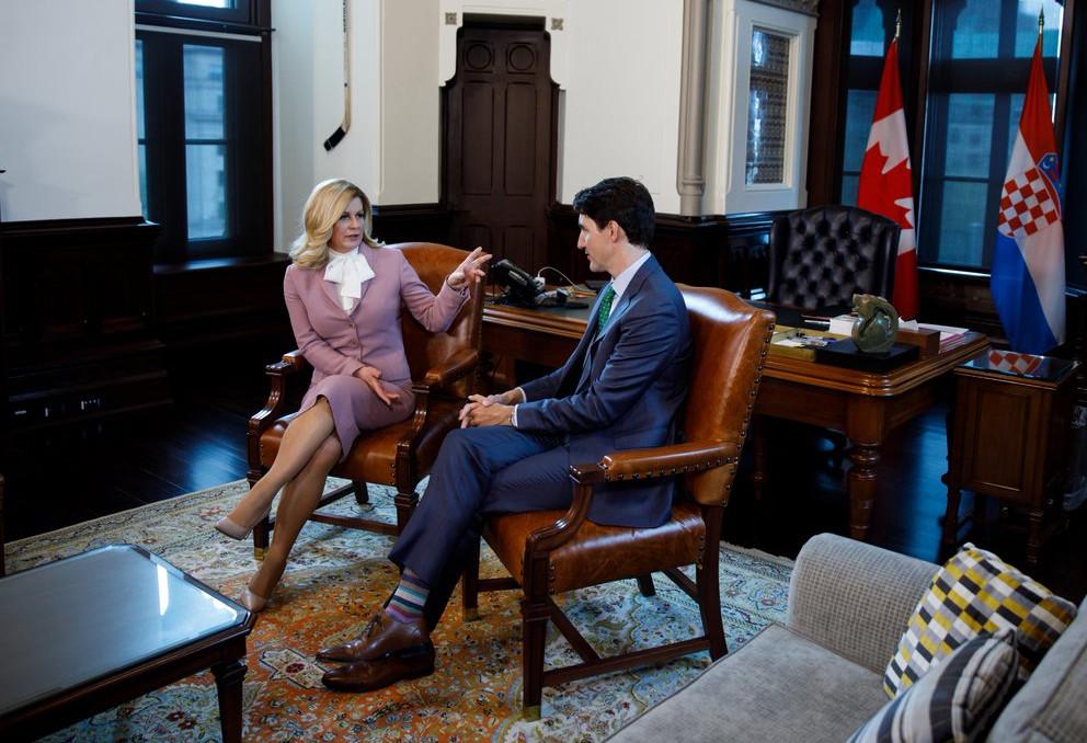 Justin Trudeau meets with the Croatian president in Ottawa on May 13, 2019. The PM will travel to Hamilton with Kolinda Grabar-Kitarović on Tuesday.